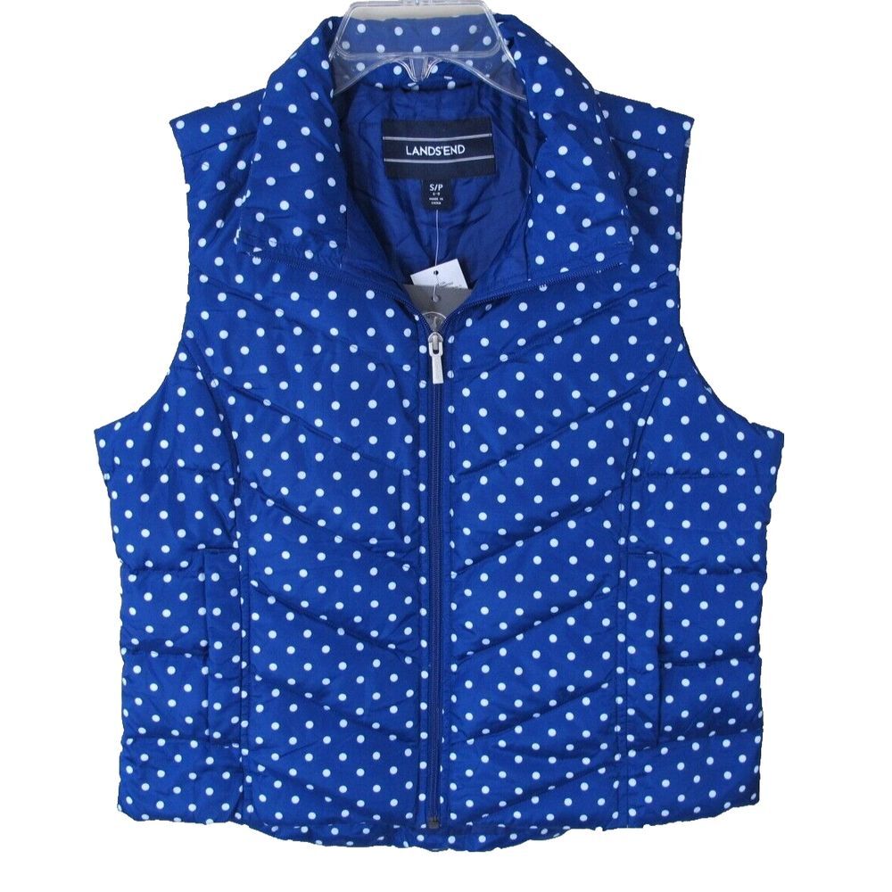 Lands' End Quilted Blue Polka Dot Full Zip‎ Puffer Vest Women's Small - NEW!